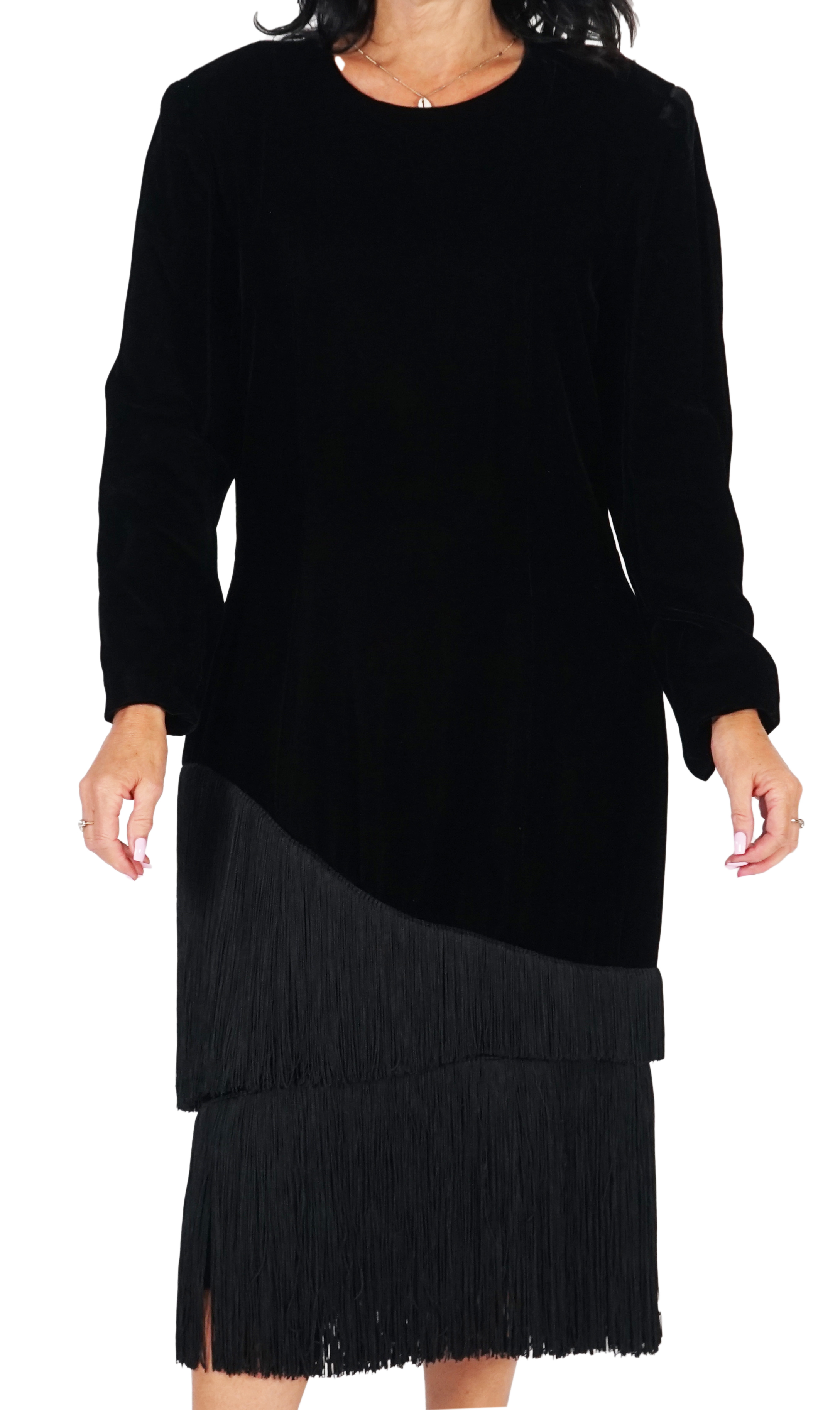 A vintage Lanvin black velvet dress with fringe, approx Medium size 12